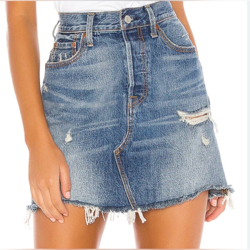 Levi’s Blue Denim Mini Skirt Distressed Raw Hem - Size 25 / Size 2